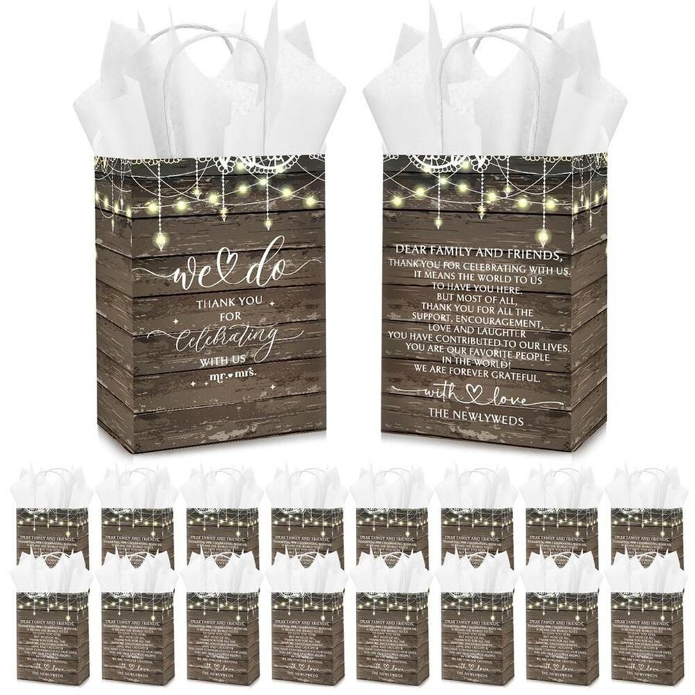 100 Set Small Wedding Gift Bags with Tissue Paper Wedding Welcome Bags for Gu...